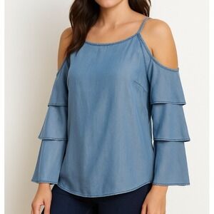 INC Cold Shoulder Blouse size 12 Blue Ruffle‎ Sleeve Lyocell Boho Chic Feminine